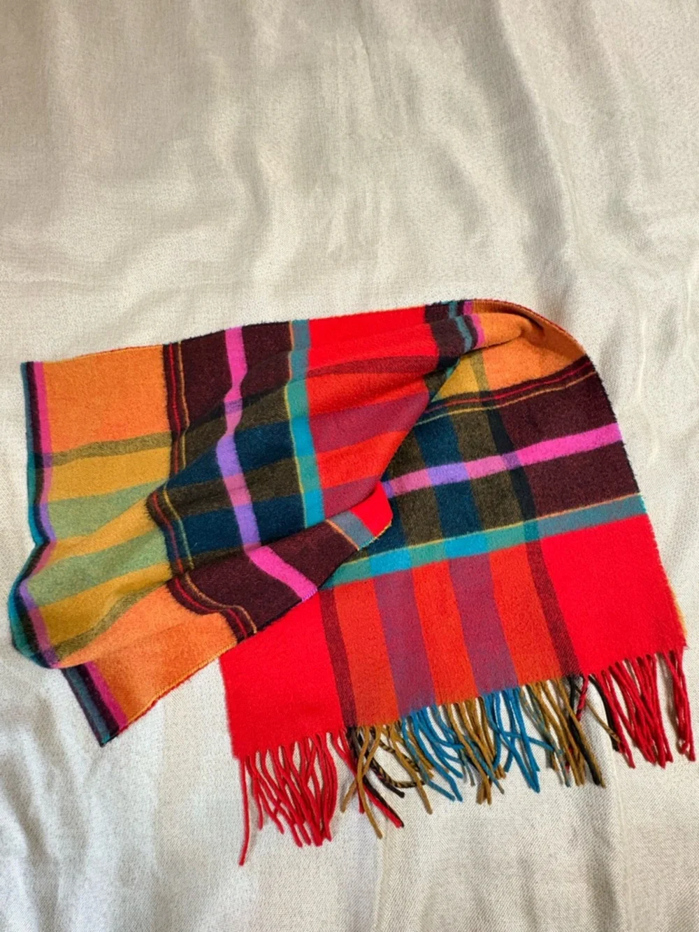 Bright Plaid Fringe Scarf Multicolor Tartan 15”x64”